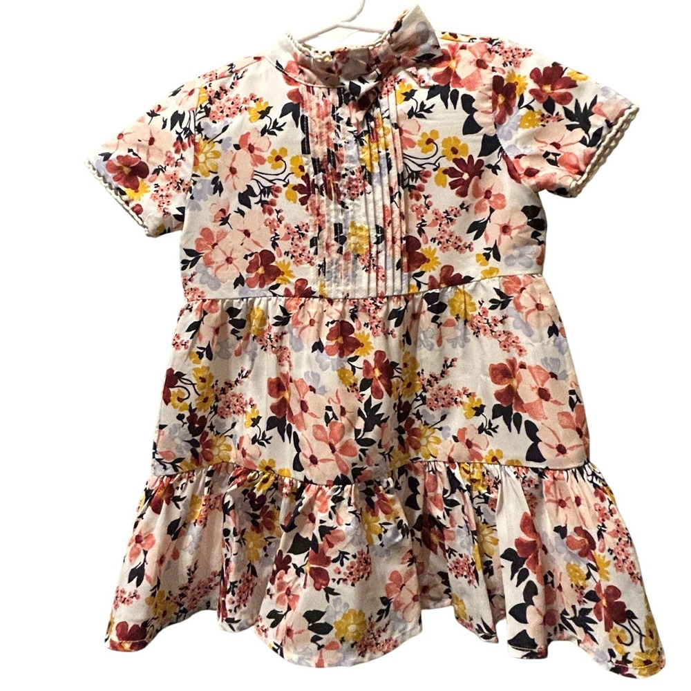 Floral Tiered Ruffle Neck Short Sleeve Pintuck Dress Pink Yellow Burgundy